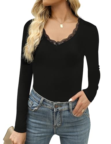 Crewhpo Langarmshirt Slim Fit Damen Langarm Top mit Spitze Oberteile V-Ausschnitt T-Shirts Basic für Frauen Einfarbiges Elegant Shirt Tshirts Schwarz von Crewhpo