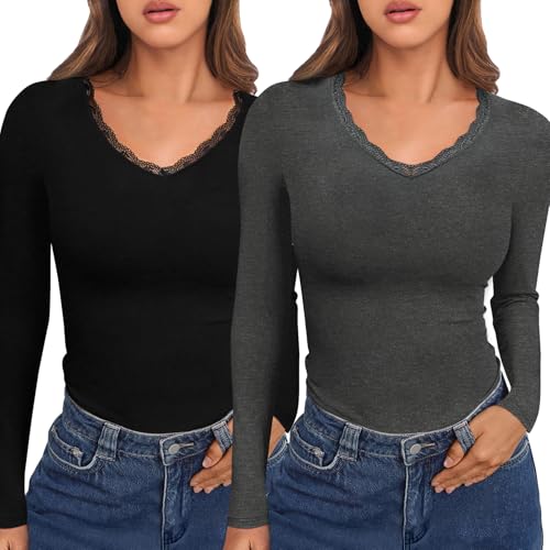 Crewhpo Thermo Langarmshirt Damen Slim Fit Oberteil Warm mit V-Ausschnitt Einfarbiges Shirts Langarm Unterhemd Basic Elegant Schwarz+Dunkelgrau von Crewhpo