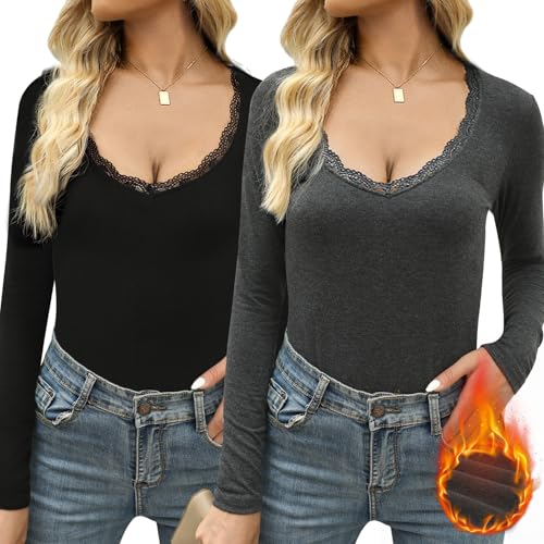 Crewhpo Langarmshirts für Damen mit Spitze Oberteile Sexy mit Tiefem Ausschnitt Basic Top für Frauen V-Ausschnitt Einfarbiges Shirts Langarm Schwarz+Dunkelgrau von Crewhpo