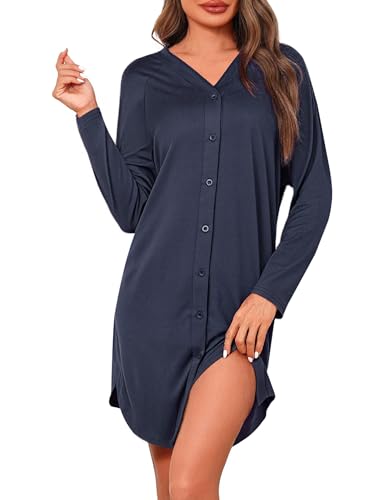 Crewhpo Nachthemden Damen Baumwolle Nachtwäsche Langarm mit Knöpfen Nachthemd Einfarbiges Frauen Negligee Winter Langärmeliges Bequeme Sleepshirt Knopfleiste von Crewhpo