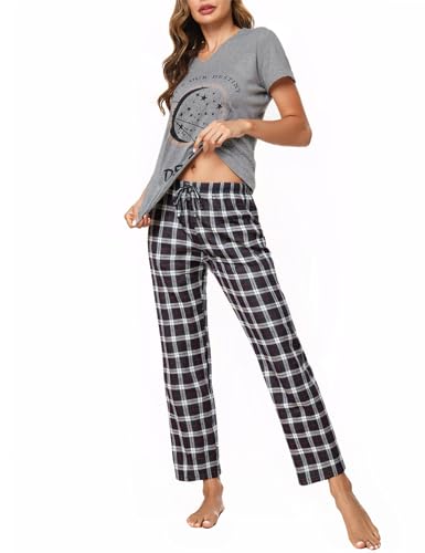 Crewhpo Pyjama Damen Baumwolle Schlafanzüge mit V-Ausschnitt Nachtwäsche Zweiteiliger Top Kurzarm und Lang Pyjamahose Karierte Loungewear Set Frauen Freizeitanzug von Crewhpo