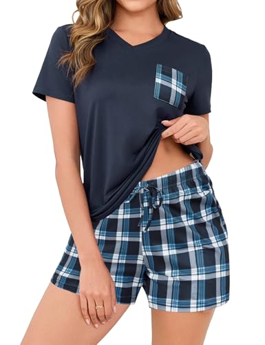 Crewhpo Pyjama Damen Kurz Schlafanzug mit V-Ausschnitt Nachtwäsche Zweiteiliger Top Kurzarm und Pyjamahose Kurz Baumwolle Schlafanzüge für Sommer Sleepwear Freizeitanzug von Crewhpo
