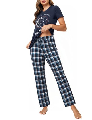 Crewhpo Pyjama Damen Kurzärmeliges Schlafanzug mit V-Ausschnitt Nachtwäsche Zweiteiliger Top Kurzarm und Pyjamahose Lang Baumwolle Schlafanzüge Nachthemd Sleepwear von Crewhpo