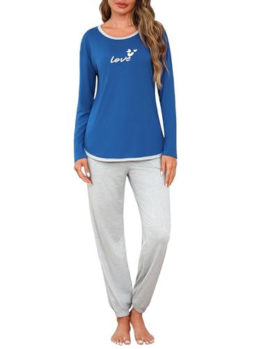 Crewhpo Pyjama Damen Lang Schlafanzug mit Rundhalsausschnitt Nachtwäsche Zweiteiliger Top Langarm und Pyjamahose Lang Baumwolle Schlafanzüge für Winter Sleepwear von Crewhpo
