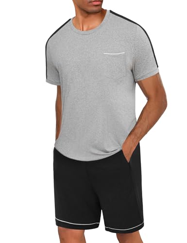 Crewhpo Pyjama Herren Kurz Schlafanzug Baumwolle Zweiteiliger Schlafanzüge Kurzarm mit Tasche Männer Nachtwäsche Set mit Rundhalsausschnitt Hausanzug Freizeitanzug von Crewhpo