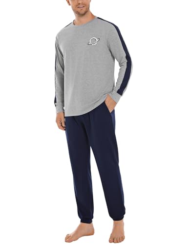 Crewhpo Herren Schlafanzug Set Lang Langarm Pyjama für Winter Zweiteilige Nachtwäsche aus Baumwolle Rundhals Langer Sleepwear Hausanzug Freizeitanzug mit Taschen von Crewhpo