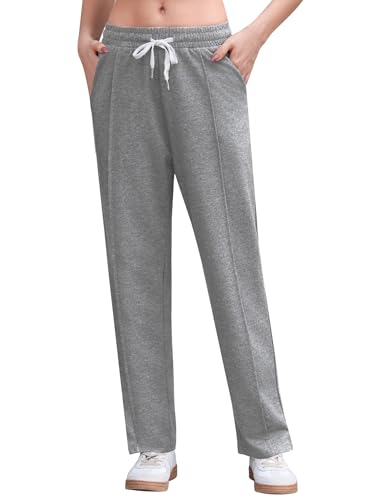 Crewhpo Jogginghose Damen Baumwolle Lang Sporthose Freizeithose Trainingshose mit Taschen Yogahose Geradem Bein Hose mit Kordelzug Relaxhose für Yoga Fitness Casual Hellgrau XXL von Crewhpo