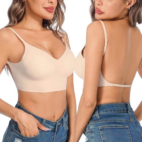 Crewhpo Rückenfrei BH Damen Ohne Bügel Rückenfreier Bra mit V-Ausschnit Bügelloser Bustier Push Up Bralette mit Niedrigem Rücken Invisible mit Abnehmbaren Trägern von Crewhpo