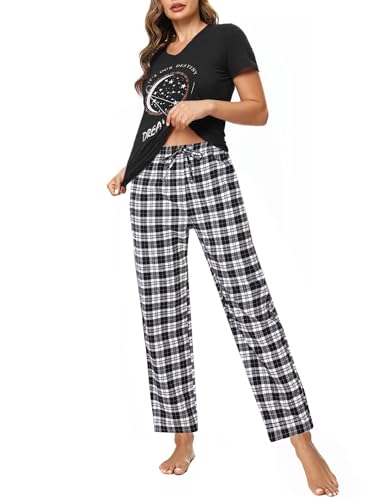 Crewhpo Schlafanzüge Damen für Sommer Baumwolle Pyjama mit V-Ausschnitt Karierter Nachtwäsche Zweiteiliger Kurzarm Schlafanzüge Set Loungewear Sleepwear mit Lang Pyjamahose von Crewhpo
