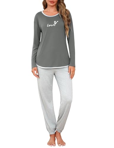 Crewhpo Schlafanzüge Damen für Winter Baumwolle Pyjamas mit Buchstaben-Print Nachtwäsche Zweiteiliger Langarm Schlafanzüge Set Loungewear Sleepwear Freizeitanzug von Crewhpo