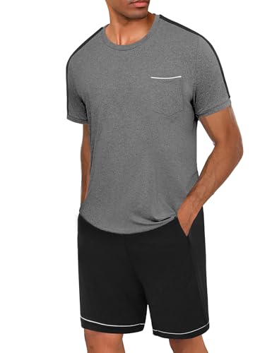 Crewhpo Schlafanzüge für Herren Kurz Pyjama Kurzarm Baumwolle Schlafanzüge Set mit Kurzarm Oberteil und Schlafanzughose Sommer Nachtwäsche Rundhals von Crewhpo