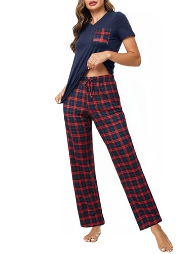 Crewhpo Schlafanzug Baumwolle Damen Pyjama Kurzarm Frauen mit V-Ausschnitt Nachtwäsche Set Zweiteiliger Top Kurzarm und Karierte Lang Pyjamahose Loungewear von Crewhpo