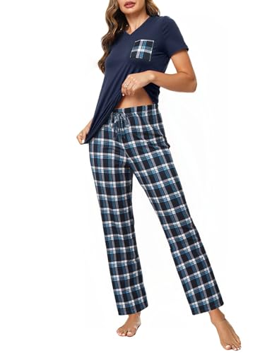 Crewhpo Schlafanzug Damen Karierte Pyjama Kurzarm mit V-Ausschnitt Nachtwäsche Zweiteiliger Baumwolle Schlafanzüge Bequemer Loungewear Set Frauen Freizeitanzug von Crewhpo