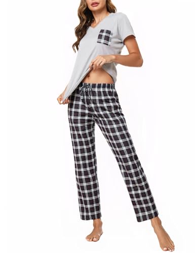 Crewhpo Schlafanzug Damen Kurzarm Pyjama Baumwolle Sommer Zweiteiliger Nachtwäsche Set Karierte Nachthemd Kurzärmeliges Loungewear V-Ausschnitt mit Lang Pyjamahose von Crewhpo