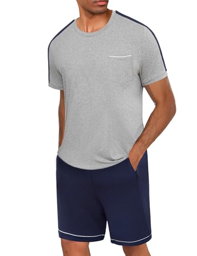 Crewhpo Schlafanzug Herren Kurz Baumwolle Zweiteiliger Pyjama Kurzarm mit Rundhalsausschnitt Schlafanzüge Männer in Kontrastfarbe Nachtwäsche Loungewear Sommer von Crewhpo