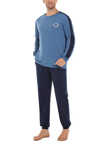 Crewhpo Schlafanzug Herren Lang Baumwolle Zweiteiliger Pyjama mit Rundhalsausschnitt Einfarbiger Schlafanzüge Männer Warm Nachtwäsche Langarm Loungewear Winter von Crewhpo