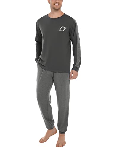 Crewhpo Herren Schlafanzug Baumwolle Zweiteiliger Pyjama Lang mit Rundhalsausschnitt Schlafanzüge Einfarbiger Männer Nachtwäsche Langarm Winter Hausanzug mit Tasche von Crewhpo