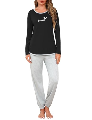 Crewhpo Schlafanzug Lang Damen Pyjama Langarm mit Rundhalsausschnitt Nachtwäsche Zweiteiliger Baumwolle Schlafanzüge für Winter Loungewear Set Frauen Freizeitanzug von Crewhpo