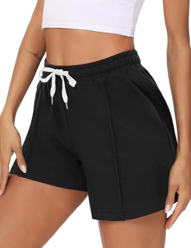 Crewhpo Shorts Damen Baumwolle Kurze Hose Sommer mit Taschen Sportshorts Einfarbige High Waist Sporthose Jogginghose Kurz Locker Trainingshose Laufshorts Elastischer Bund Schwarz S von Crewhpo