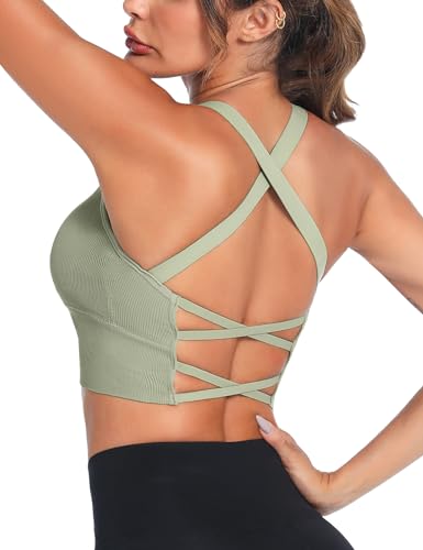 Crewhpo Sportbh Damen Gepolstert Sport-BHS Ohne Bügel Push up Fitness Bustier Cross Back Design Mit Polstern Nahtlose Sportunterwäsche für Yoga Fitness Pilates Gym S-XL von Crewhpo