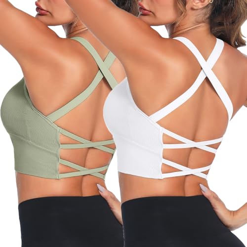 Crewhpo Sportbh Damen Gepolstert Sport-BHS Ohne Bügel Rückenfreier Fitness Bustier Cross Back Design Mit Polstern Nahtlose Sportunterwäsche für Yoga Fitness Pilates Gym S-XL von Crewhpo