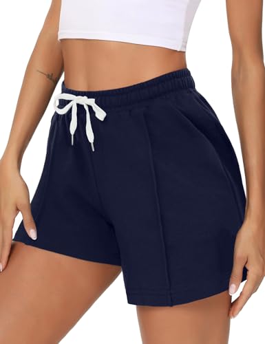 Crewhpo Sporthose Damen Kurz Baumwolle Kurze Hosen Sommer mit Taschen Freizeit Shorts High Waist Locker Bermuda Short Laufhose Jogginghose kurz für Training Fitness Laufen Blau XL von Crewhpo