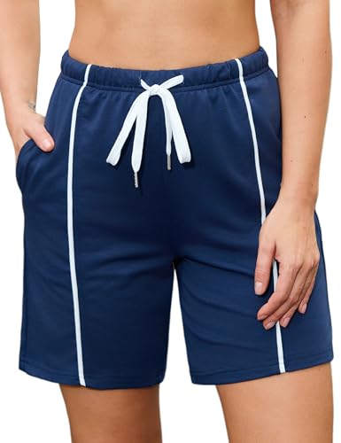 Crewhpo Sporthose Damen Kurz mit DREI Taschen Kurze Hosen Sommer Freizeit Shorts High Waist Bermuda Short Locker Jogginghose Kurz für Training Fitness Laufen Blau XL von Crewhpo
