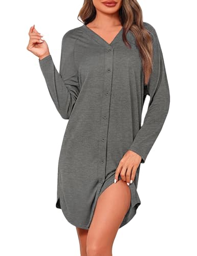 Crewhpo Stillnachthemd Damen Langarm Baumwolle Mutterschaft Umstandsnachthemd Stillen mit Knöpfen Umstandskleid mit V-Ausschnitt für Schwangere oder Stillende Frauen von Crewhpo