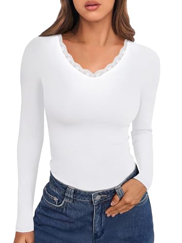 Crewhpo Thermo Oberteil Damen mit Spitze Oberteile Sexy mit V-Ausschnitt Basic Top für Frauen Einfarbiges Shirts Langarm Thermounterwäsche Weißes von Crewhpo