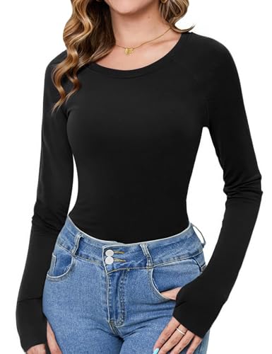 Crewhpo Langarmshirt Damen Rundhals Basic Oberteile Langarm T-Shirt Elegant Einfarbig Unterziehshirt Slim Fit Unterhemd Leicht Casual Stretch Tops mit Daumenloch von Crewhpo