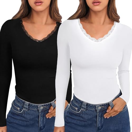 Crewhpo Thermooberteile Slim Fit Langarm Damen Top Spitze mit V-Ausschnitt Basic Oberteile Einfarbiges Longsleeve Blusen für Herbst Winter Schwarz+Weißes von Crewhpo