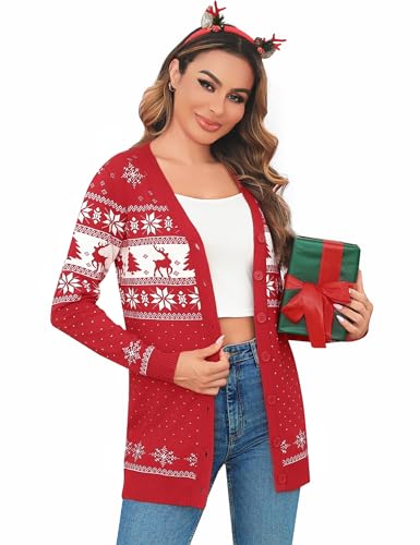 Crewhpo Weihnachts Strickjacke Damen Weihnachtsjacke für Damen Rentiermuster Cardigan Weihnachten V Ausschnitt Lange Strickjacke Christmas Winter Weihnachtspullover mit Schneeflockenmuster S-XXL von Crewhpo