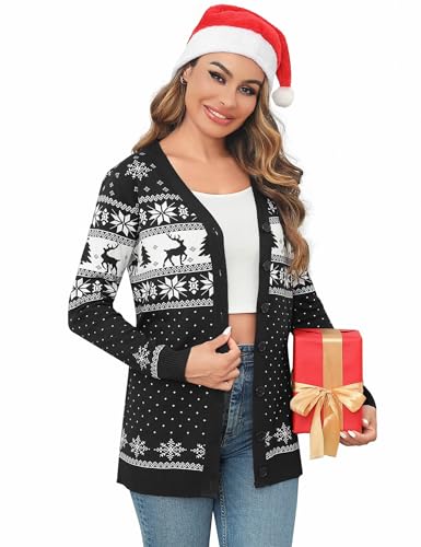 Crewhpo Weihnachts Strickjacke Damen Weihnachtsjacke für Damen Rentiermuster Cardigan Weihnachten V Ausschnitt Lange Strickjacke Christmas Winter Weihnachtspullover mit Schneeflockenmuster S-XXL von Crewhpo