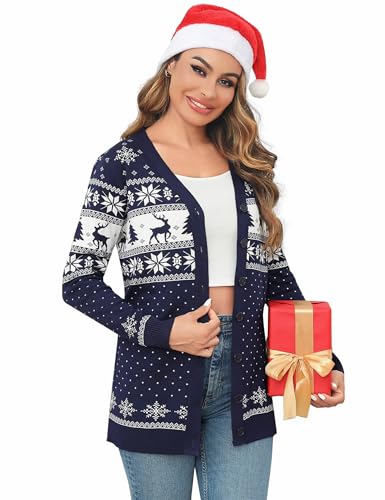 Crewhpo Weihnachts Strickjacke Damen Weihnachtsjacke für Damen Rentiermuster Cardigan Weihnachten V Ausschnitt Lange Strickjacke Christmas Winter Weihnachtspullover mit Schneeflockenmuster S-XXL von Crewhpo