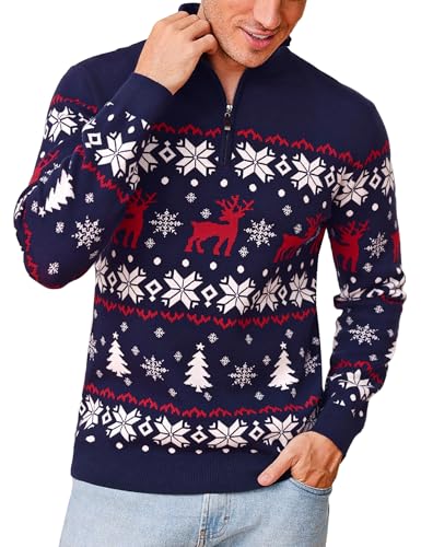 Crewhpo Weihnachtspullover Herren Christmas Sweater und Viertel-Reißverschluss Pullover Langarmshirt mit Rentiermuster Strickpullover Weihnachtspulli im Winter Warme Strickpulli für Weihnachten von Crewhpo