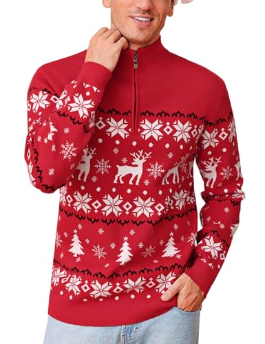 Crewhpo Weihnachtspullover Herren Christmas Sweater und Viertel-Reißverschluss Pullover Langarmshirt mit Rentiermuster Strickpullover Weihnachtspulli im Winter Warme Strickpulli für Weihnachten von Crewhpo