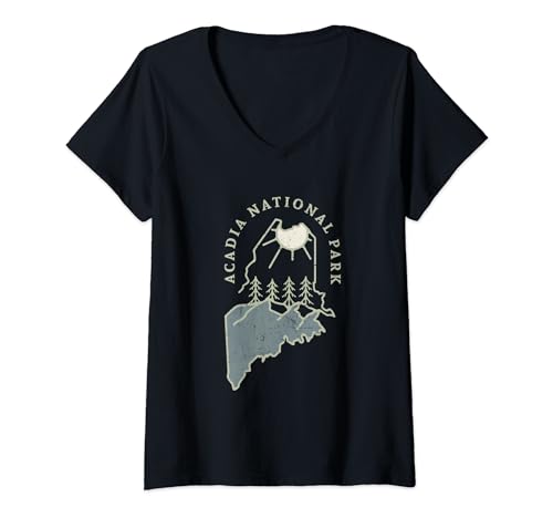 Damen Karte der Natur im Bundesstaat Maine im Vintage-Acadia-Nationalpark T-Shirt mit V-Ausschnitt von Crichton Street
