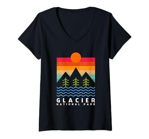 Damen Montana Glacier National Park Retro Sonnenuntergang Berge & Bäume T-Shirt mit V-Ausschnitt von Crichton Street