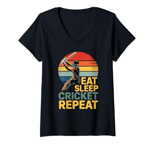 Damen Cricket-Zitat "Eat Sleep Cricket Repeat" T-Shirt mit V-Ausschnitt von Cricket Fan Cricket Saying Cricket Player