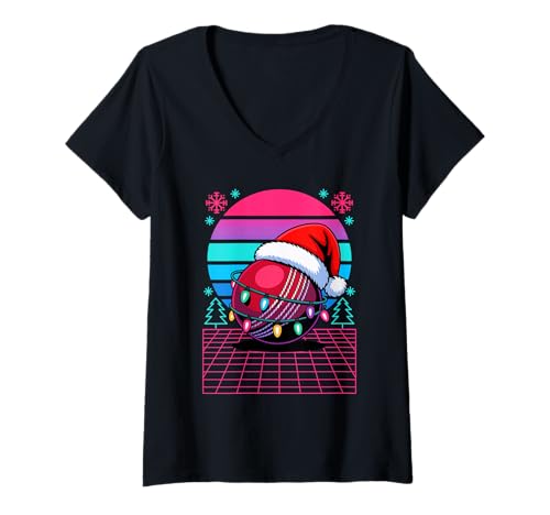 Damen Weihnachten Synthwave Cricket Ball Cricketspieler T-Shirt mit V-Ausschnitt Damen Weihnachten Synthwave Cricket Ball Cricketspieler T-Shirt mit V-Ausschnitt von Cricket Gift For A Cricketer