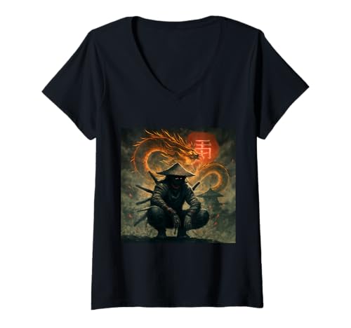Damen Dunkler Samurai-Krieger mit feurigem Drachengeist T-Shirt mit V-Ausschnitt Damen Dunkler Samurai-Krieger mit feurigem Drachengeist T-Shirt mit V-Ausschnitt von Crimson Shadow Artworks
