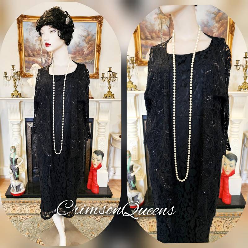 1920 Art Deco Flapper Gatsby Vintage Spitze Pailletten Abendkleid Avantgarde Schwarzes Spitzenkleid Und Jacke Größe Uk 40 Us 8 10 von CrimsonQueens