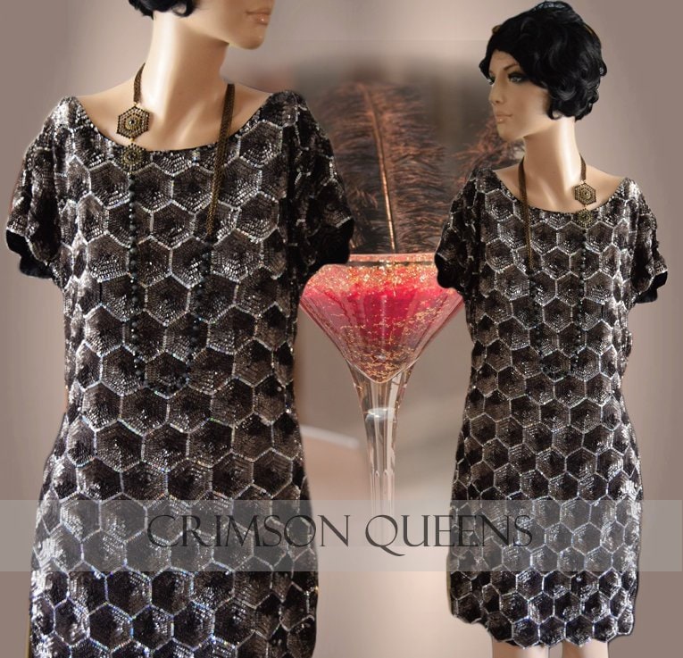 Art Deco Geometrisch Avantgarde Vintage Stark Verschönert Perlen Pailletten Cocktailparty S Kleid Größe von CrimsonQueens