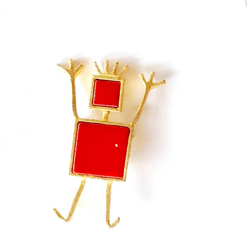 Art-Deco-Red & Gold Glücklicher Mensch Figural Brosche Sammlerstück Spaß Retro-Mode-Schmuck von CrimsonVintique