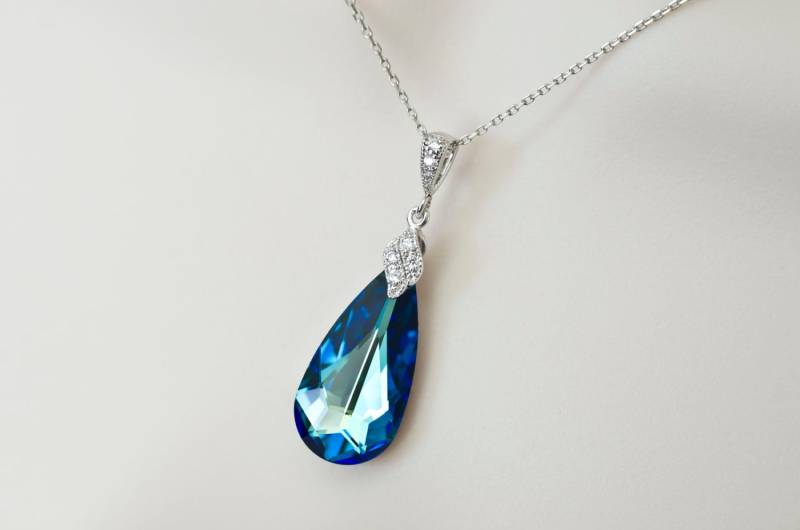 Bermuda Blau Swarovski Halskette, Brautjungfern Blau, Cz Und Kristall Hochzeit Am Strand von CrinaJewelleryDesign