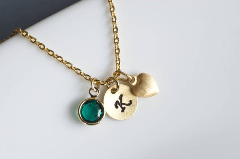 Birthstone Erste Kette - Gold Vergoldet Swarovski Geburtsstein, Vermeil Winzige Herz Und Runde Scheibe von CrinaJewelleryDesign