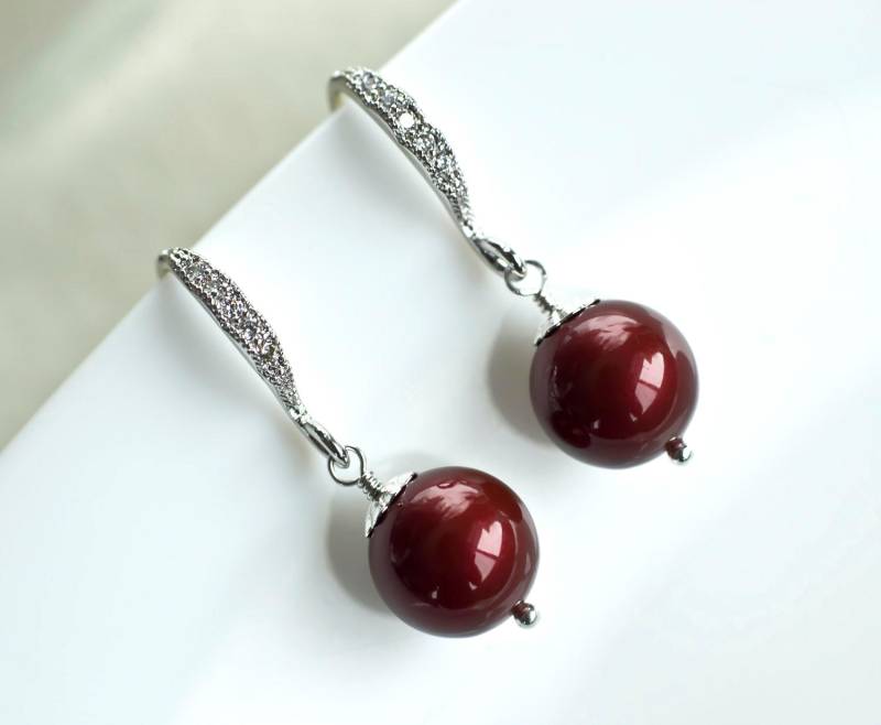 Burgunder Swarovski Perlen Brautjungfer Ohrringe, Marsala Hochzeitsschmuck, Und Cz Hochzeitsfarbe von CrinaJewelleryDesign