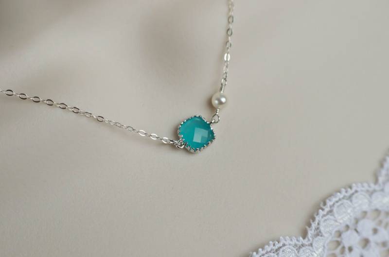 Mint-Opal-Platz-Glas-Anschluss Und Süßwasser Perlen Sterling Silber Halskette, Brautjungfern. Hochzeitsschmuck. Brautjungfern-Geschenk von CrinaJewelleryDesign