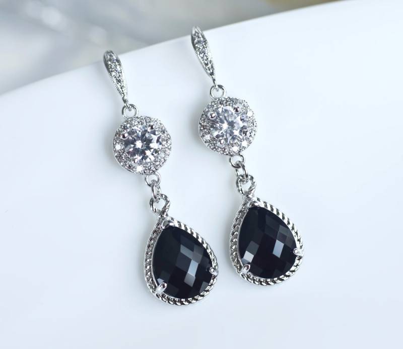 Zirkonia Schwarz Ohrringe, Brautjungfern, Schwarze Baumeln Prom, Mutter Der Brautohrringe von CrinaJewelleryDesign