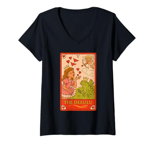 Damen The Delulu Tarot-Prinzessin Frosch rote Flaggen Design T-Shirt mit V-Ausschnitt Damen The Delulu Tarot-Prinzessin Frosch rote Flaggen Design T-Shirt mit V-Ausschnitt von Cringe & Manifest Collective